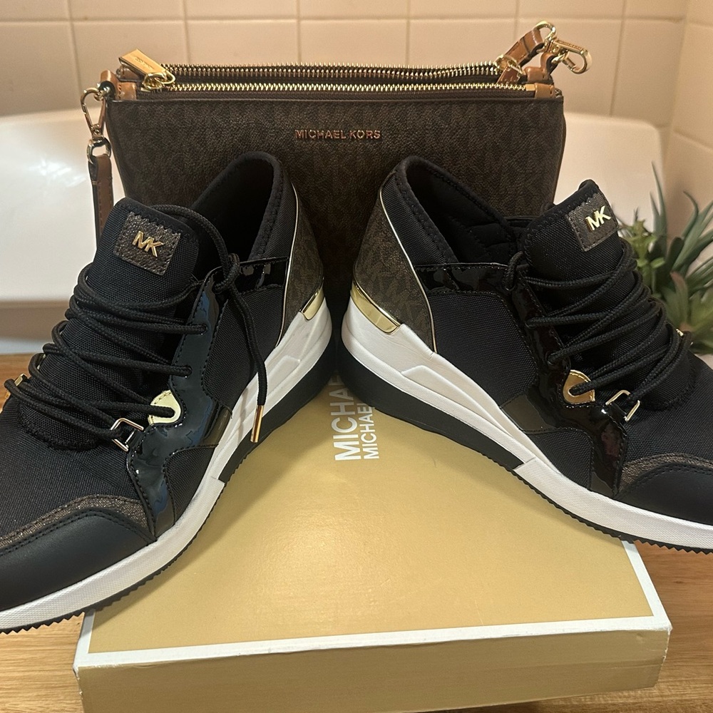 Michae Kors Black,Gold & logo Sneakers with matching purse